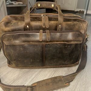 Vtg Large Dark Brown Distressed Leather Briefcase Messenger Laptop Bag